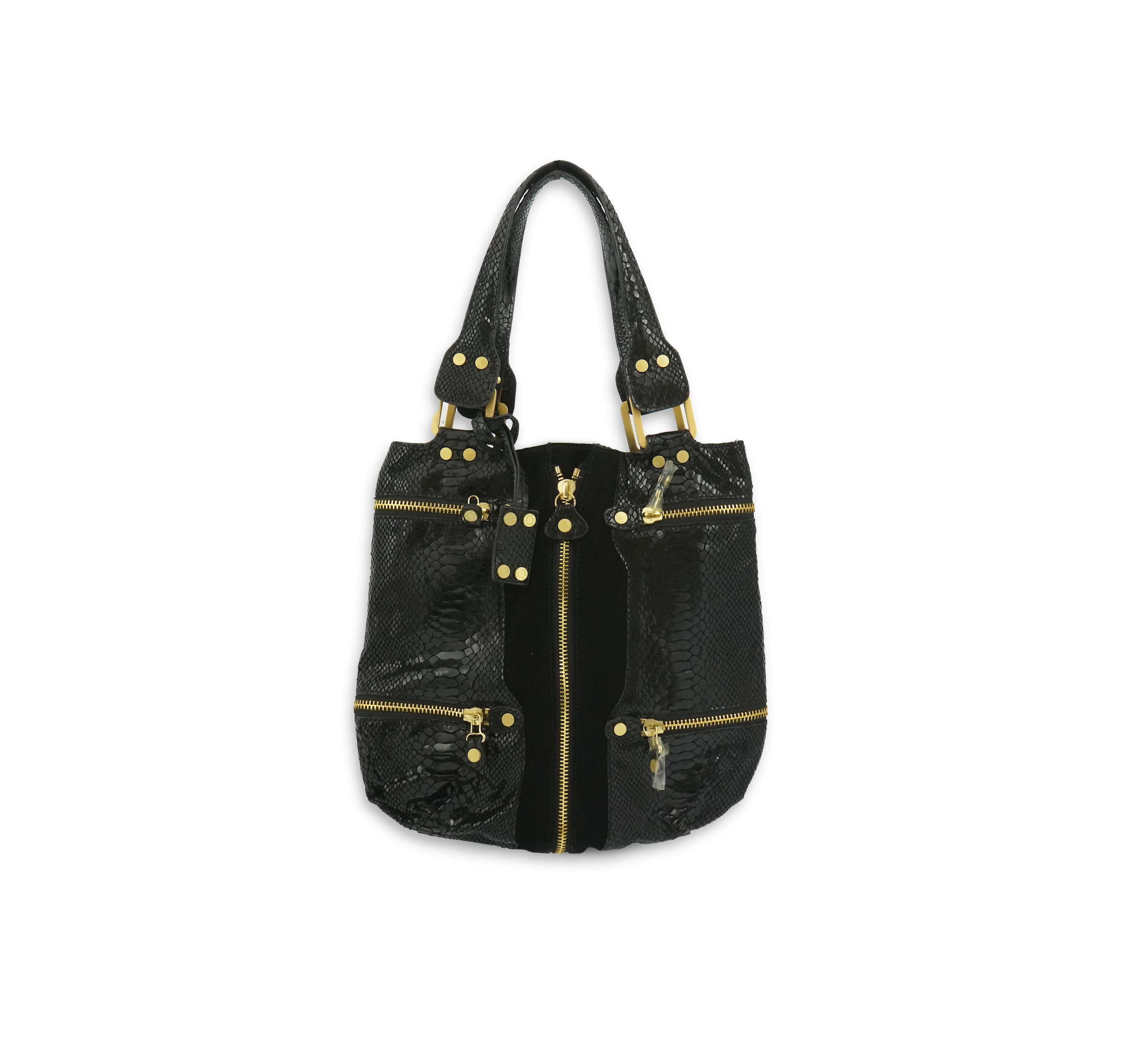 A vintage Jimmy Choo black snakeskin and elasticated material handbag with zip detail.